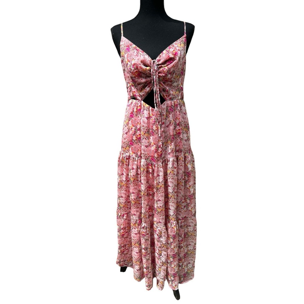 ASTR The Label BRANDY RED PINK FLORAL CINCHED FRONT CUTOUT MAXI DRESS SIZE L